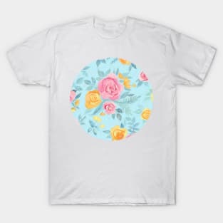 Chalk Pastel Pink & Orange Roses on Sky Blue T-Shirt